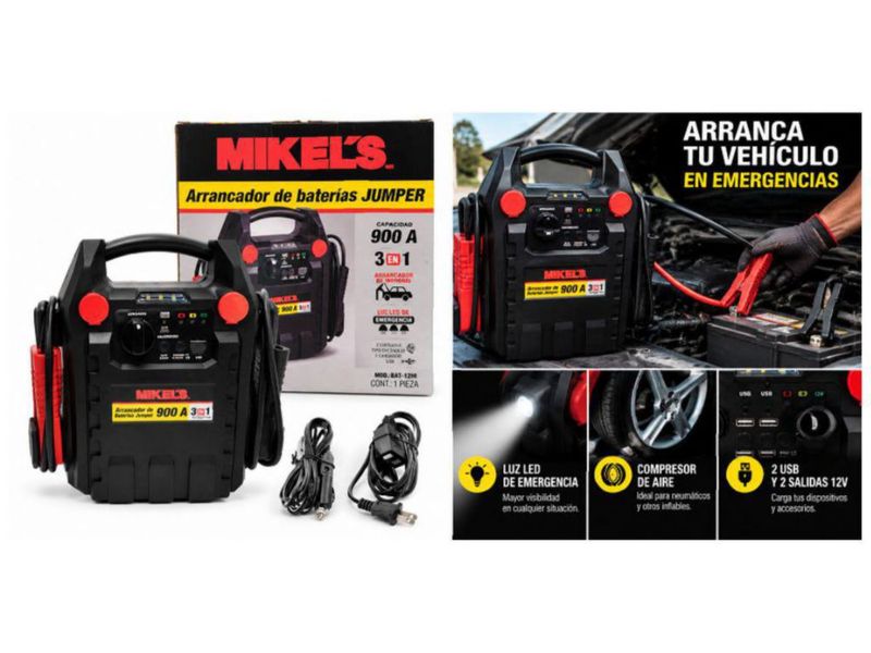Arrancador de Batería Mikel's Jumper 900A 3 en 1 con Compresor y Luz de Emergencia