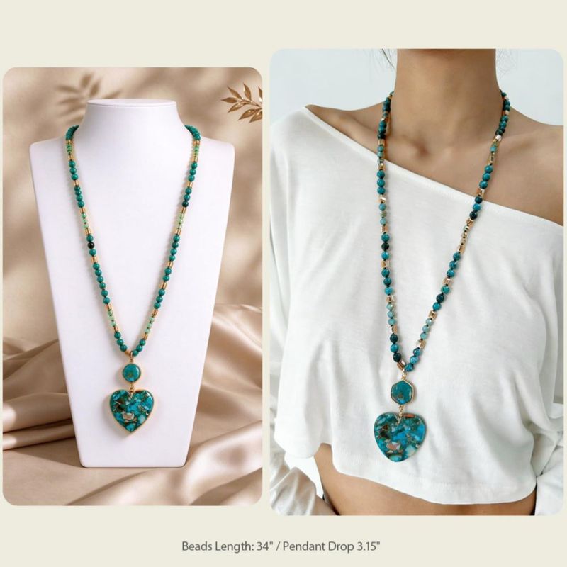 Collar largo bohemio de turquesa Yomisa con colgante de corazón – 87 cm