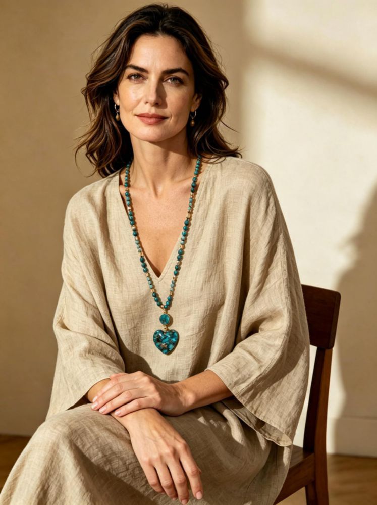 Collar largo bohemio de turquesa Yomisa con colgante de corazón – 87 cm
