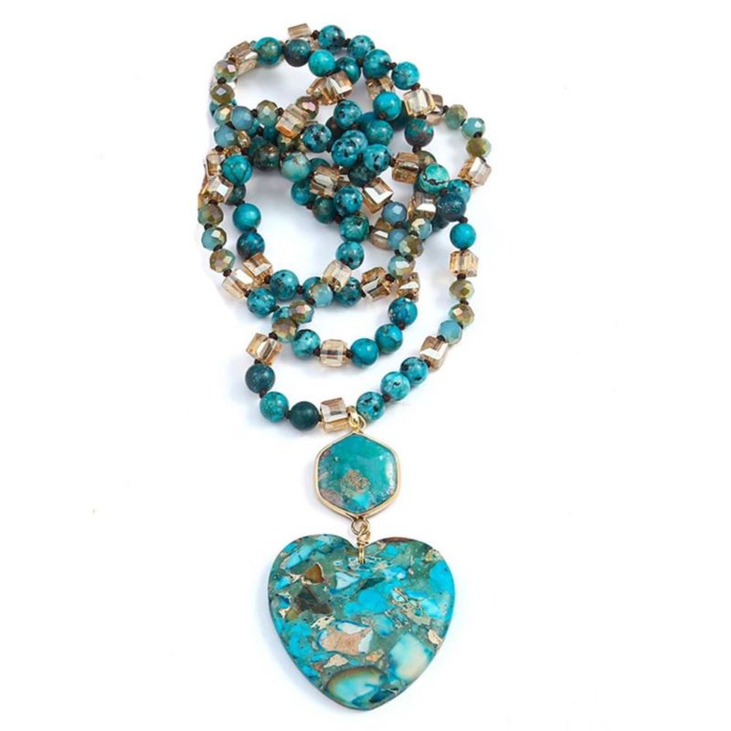 Collar largo bohemio de turquesa Yomisa con colgante de corazón – 87 cm