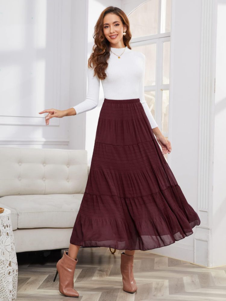 Falda Maxi de Chiffón con Cintura Alta Elástica y Pliegues en Línea A – NASHALYLY