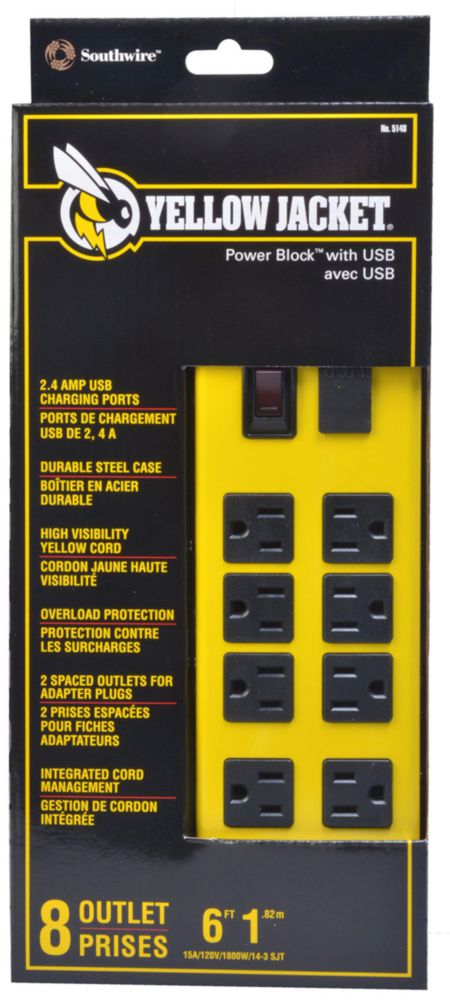 Power Block Yellow Jacket 5148 de 8 salidas con 2 puertos USB