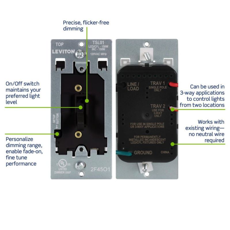 Regulador de luz Leviton TSL01-10E negro 120 V 150 W LED