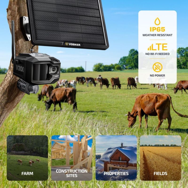 Cámara de Seguridad Vosker V300 4G LTE Solar – Pack para Agricultores