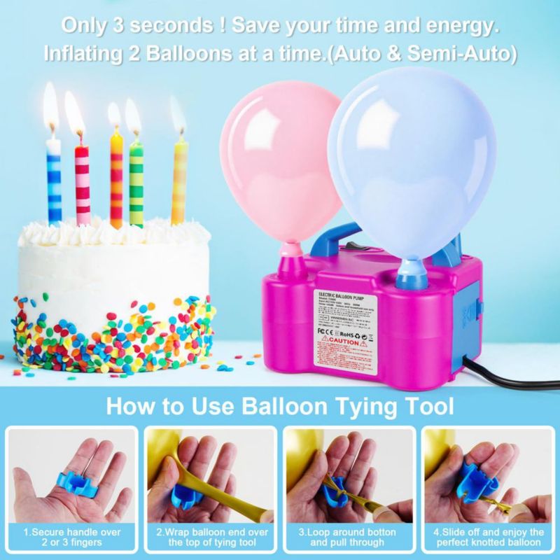 Motorenbau Inflador Eléctrico de Globos con Boquilla Doble y 2 Herramientas para Atar 110V/220V