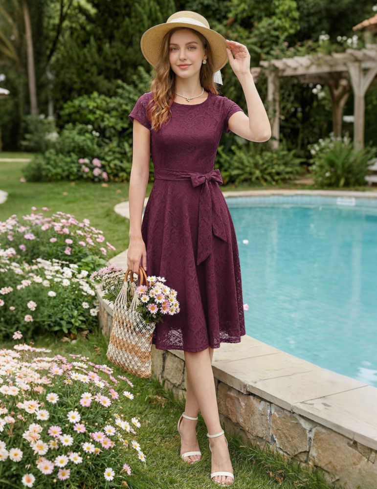 Vestido de cóctel MUADRESS Burdeos XL con encaje floral y manga tipo cap