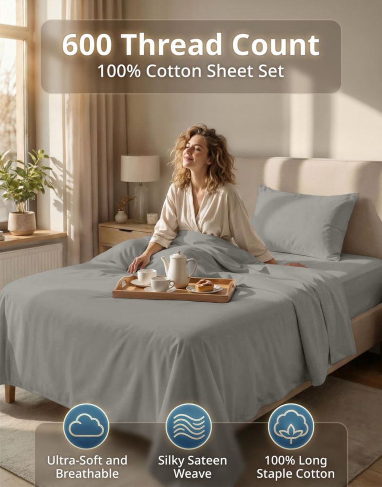 Juego de sábanas gemela LANE LINEN 600 hilos Satén Algodón Plateado