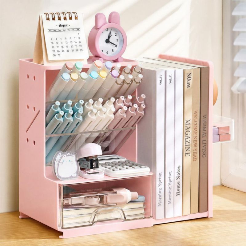 Organizador de escritorio Sooez con sujetalibros y panel perforado con cajón