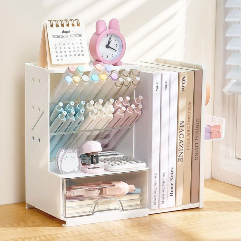 Organizador de escritorio Sooez con sujetalibros y panel perforado con cajón