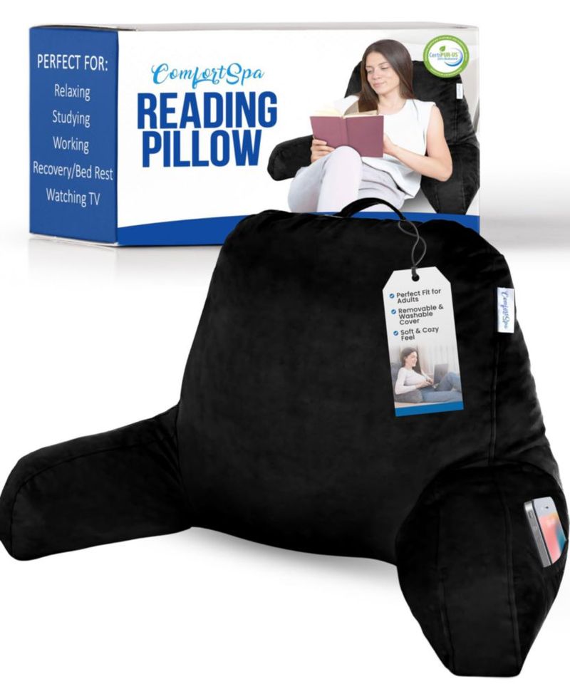 Almohada de Lectura ComfortSpa Grande Negra con Bolsillos para Brazos
