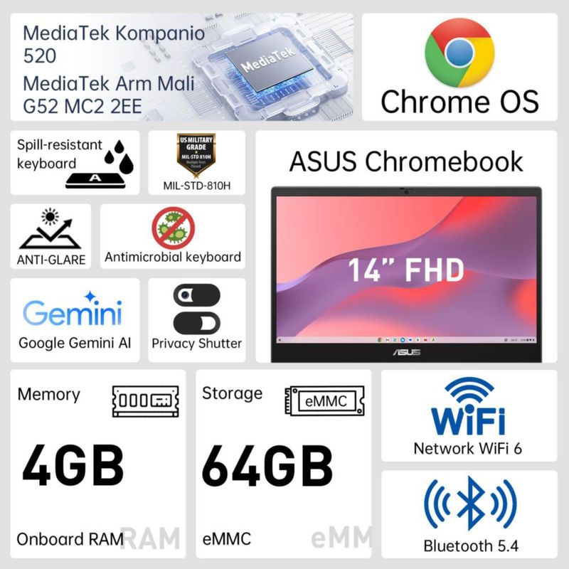 Chromebook ASUS 14" FHD con procesador MediaTek de 8 núcleos y 4 GB de RAM