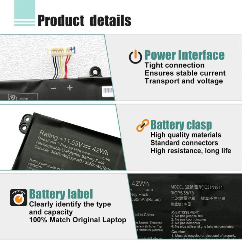 Batería para portátil BOWEIRUI C31N1911 1155 V 42 Wh