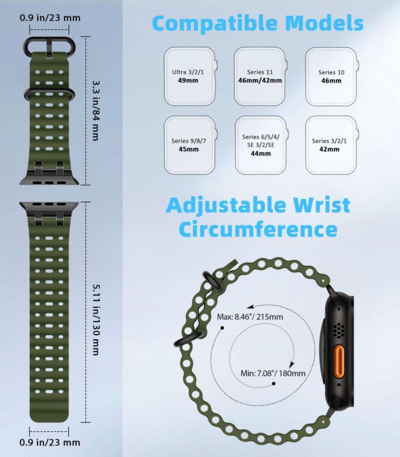 Correa de silicona impermeable MoKo 180‑215 mm para Apple Watch