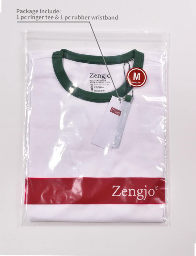 Camiseta Zengjo L blanca/verde pino estilo ringer