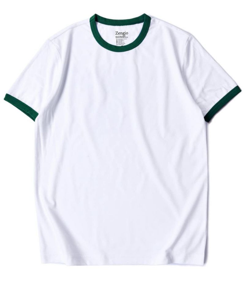 Camiseta Zengjo L blanca/verde pino estilo ringer