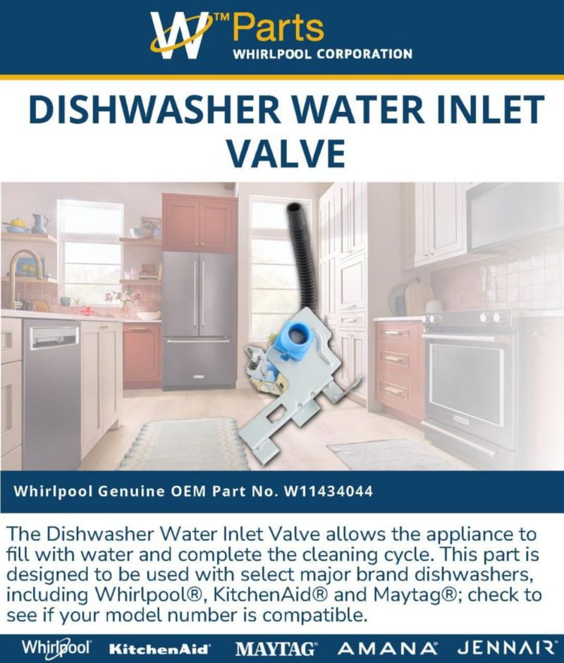 Válvula de Entrada de Agua para Lavavajillas Whirlpool W11434044 - Reemplazo OEM Original