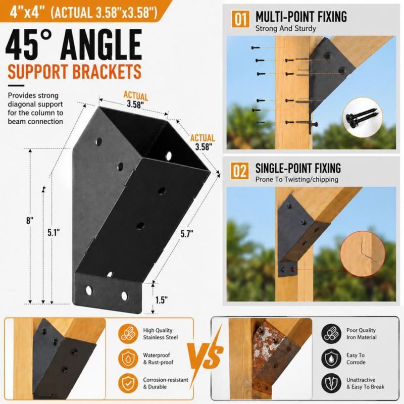 Soporte de Montaje ORIGLE 45° para Madera 4x4 – Juego de 8 Acero
