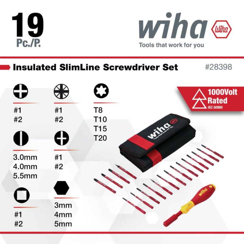 Wiha 28398 Juego de puntas aisladas SoftFinish Slimline de 19 piezas