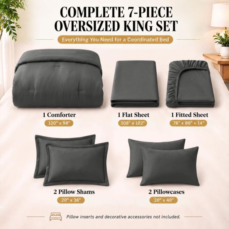 Juego de cama CozyLux King 7 piezas Gris Oscuro de microfibra