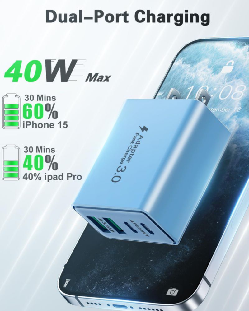 Bloque de cargador USB C 40 W 4 puertos adaptador de corriente dual PD+QC paquete de 2