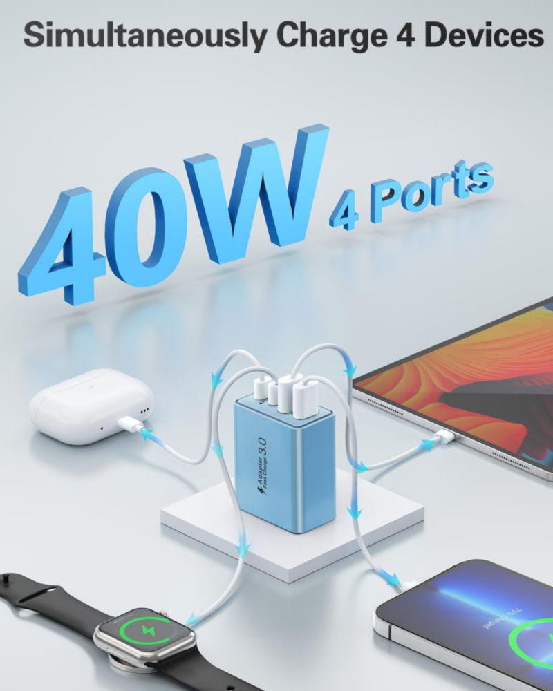 Bloque de cargador USB C 40 W 4 puertos adaptador de corriente dual PD+QC paquete de 2
