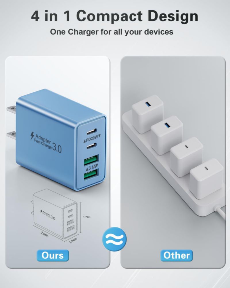 Bloque de cargador USB C 40 W 4 puertos adaptador de corriente dual PD+QC paquete de 2