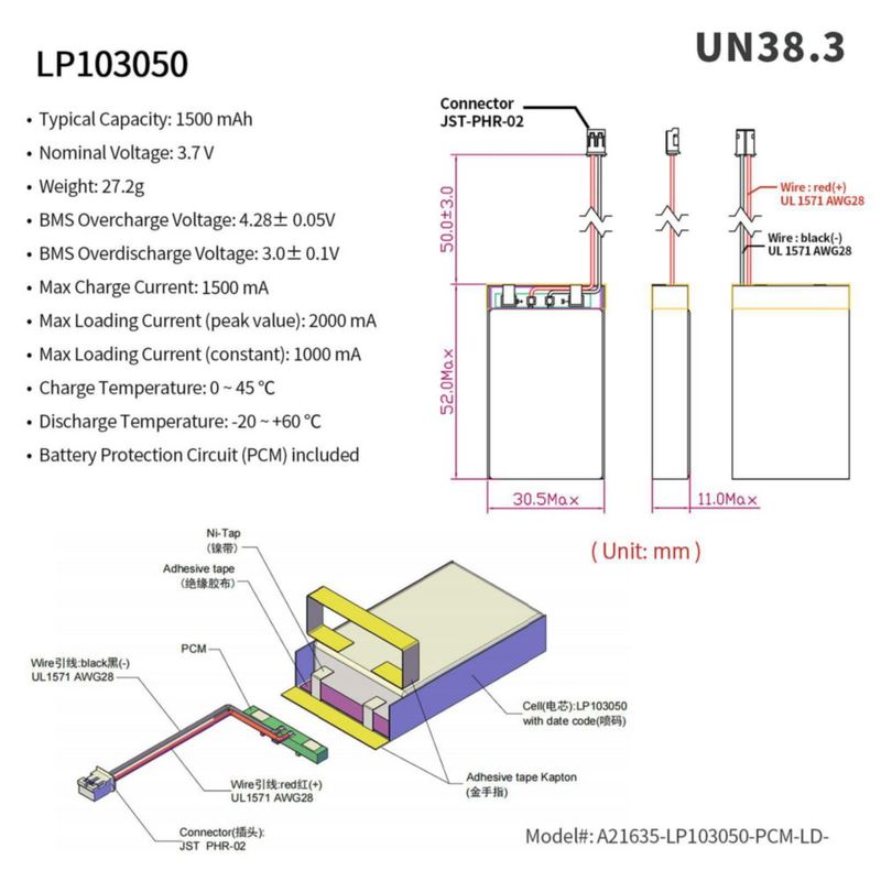 Batería LiPo EEMB 3.7 V 1500 mAh JST 2.0 mm – 1 unidad