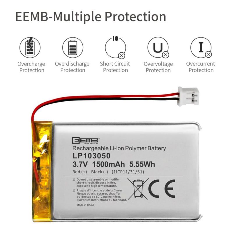 Batería LiPo EEMB 3.7 V 1500 mAh JST 2.0 mm – 1 unidad