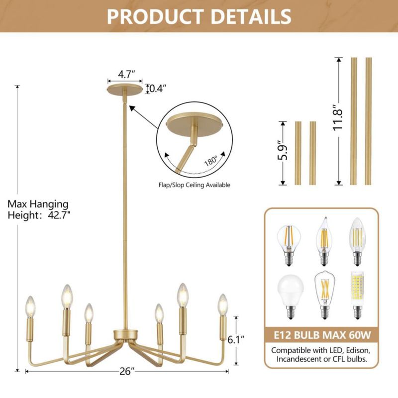 Candelabro ACANER 66 cm Dorado de 6 Luces estilo granero