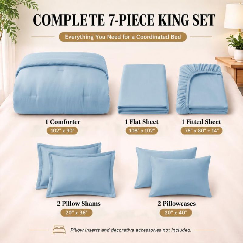 Juego de ropa de cama CozyLux King 7 piezas en azul bebé de microfibra