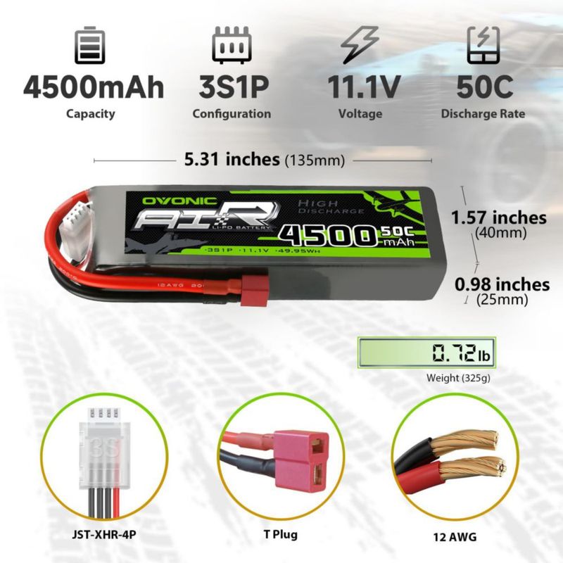 Batería LiPo OVONIC 3S 4500 mAh 50C con conector T tipo Dean (2P)