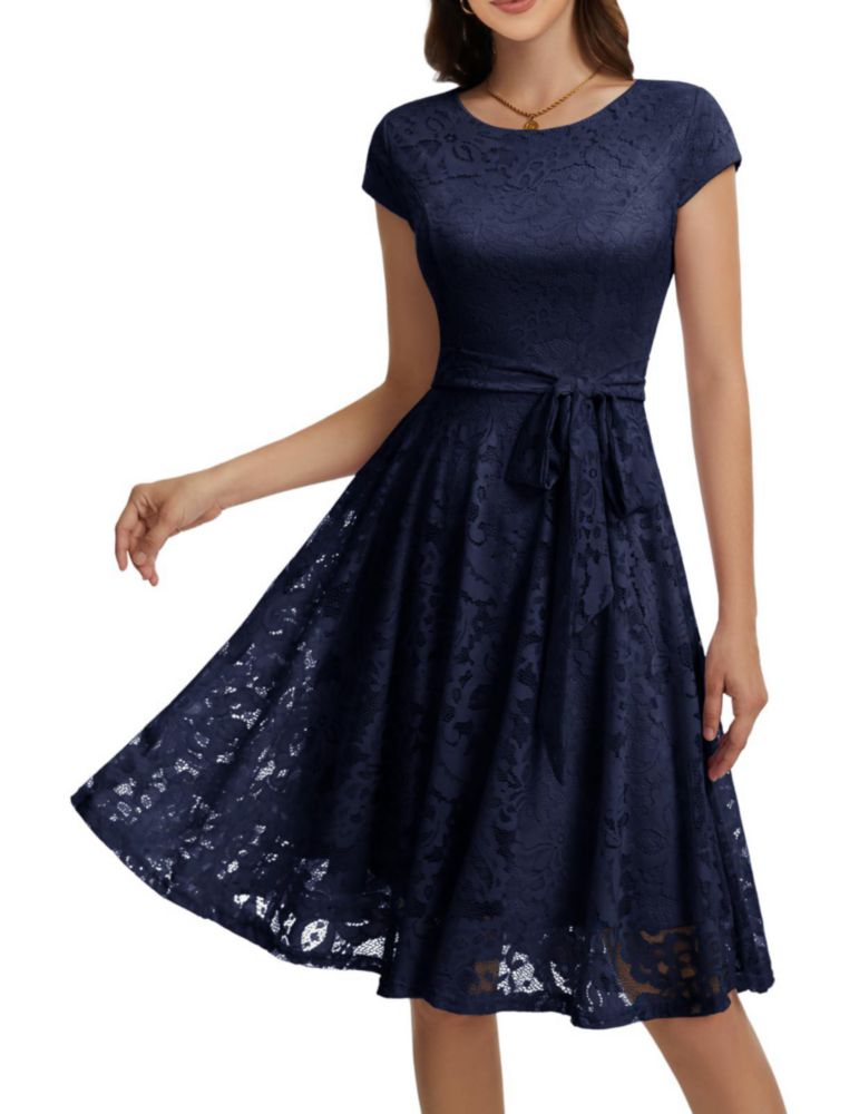Vestido de cóctel con encaje azul marino talla S mangas tipo cap – MUADRESS
