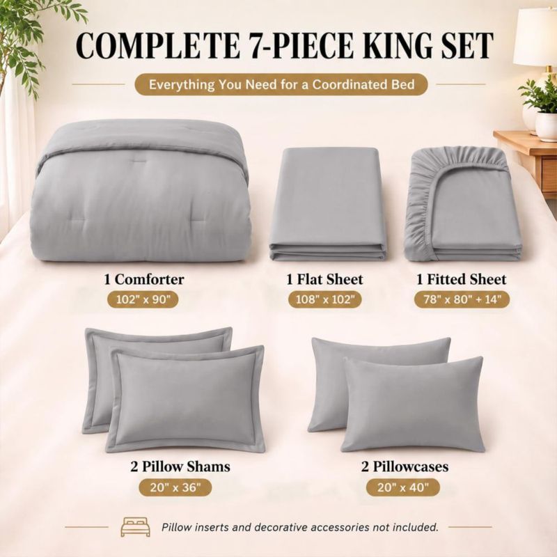 Juego de ropa de cama CozyLux King gris 7 piezas con relleno alternativo al plumón