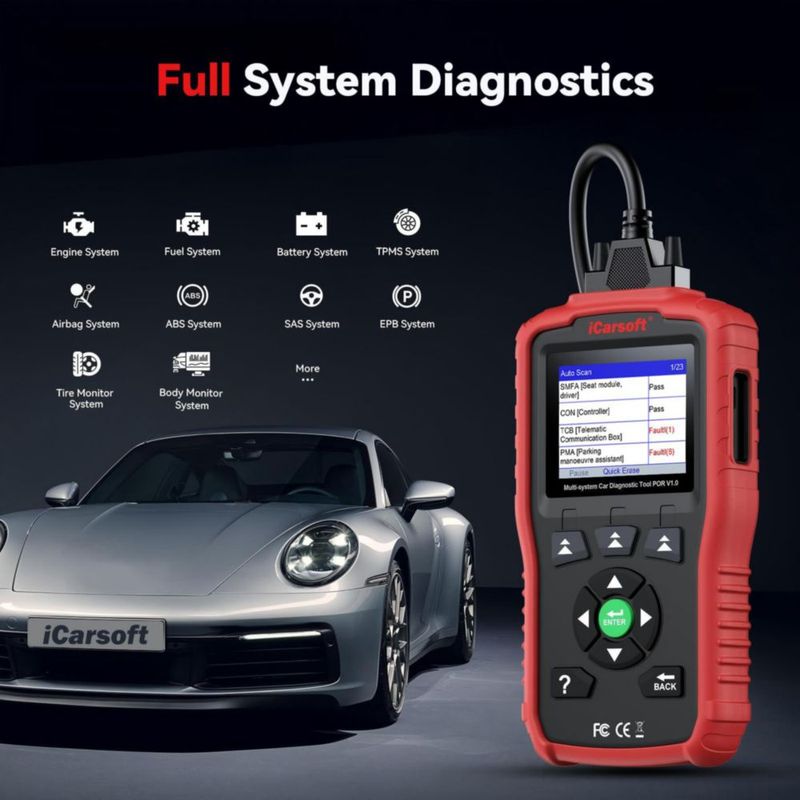 Escáner iCarsoft POR V1.0 para Porsche 1996‑2025 – Reinicio de Aceite/SAS