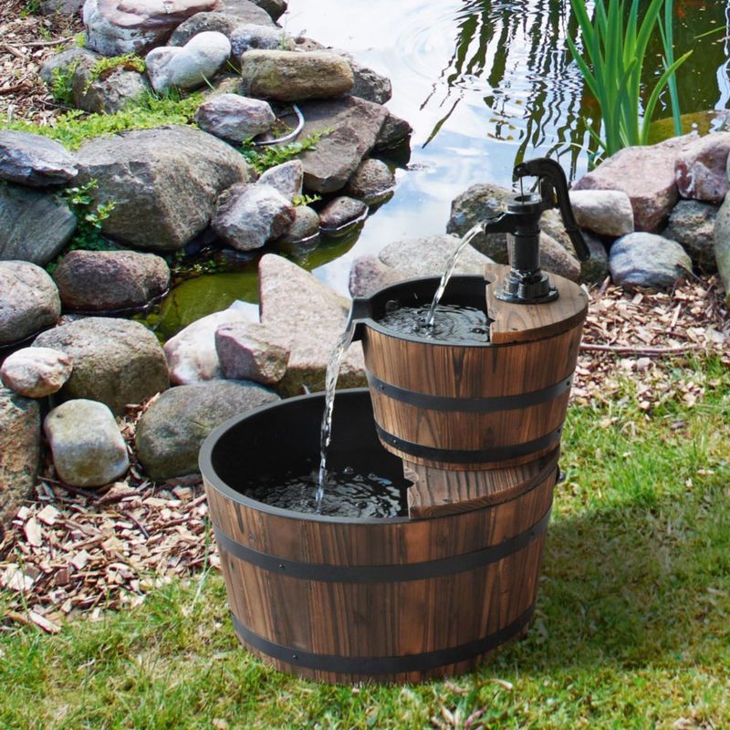 Fuente Outsunny de madera de 44 cm barril de cascada de 2 niveles