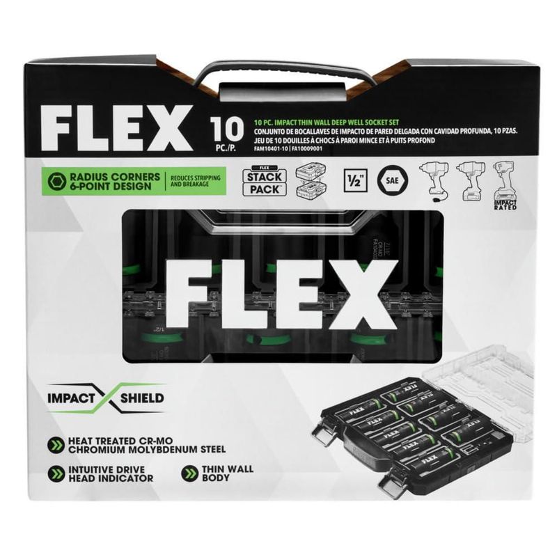 Juego de vasos de impacto FLEX 10 piezas cabezal de 1/2" para pozo profundo