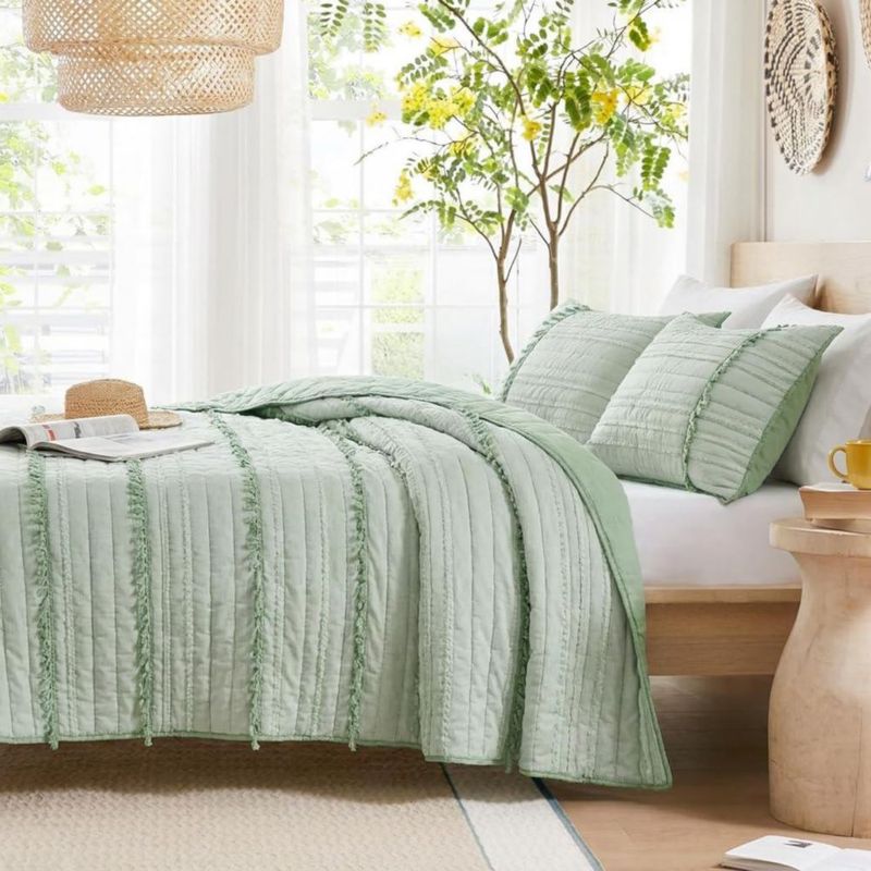 Juego de ropa de cama Wonderful King 264 cm Verde Salvia con Borlas