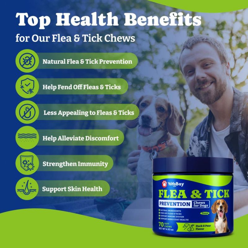 Masticables para perros YoYoBay contra pulgas y garrapatas con sabor a pato y pera - 70 unidades