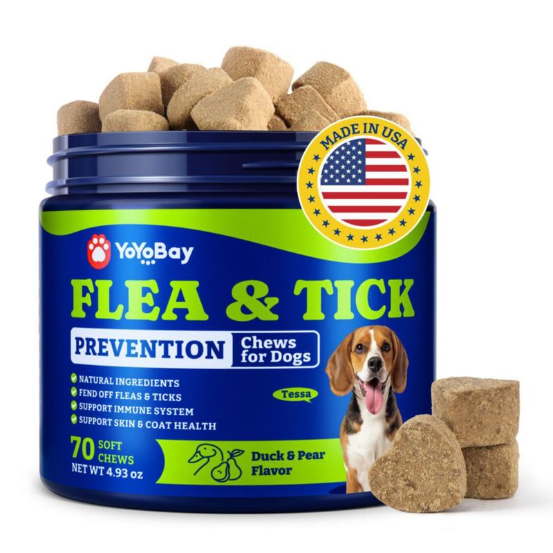 Masticables para perros YoYoBay contra pulgas y garrapatas con sabor a pato y pera - 70 unidades