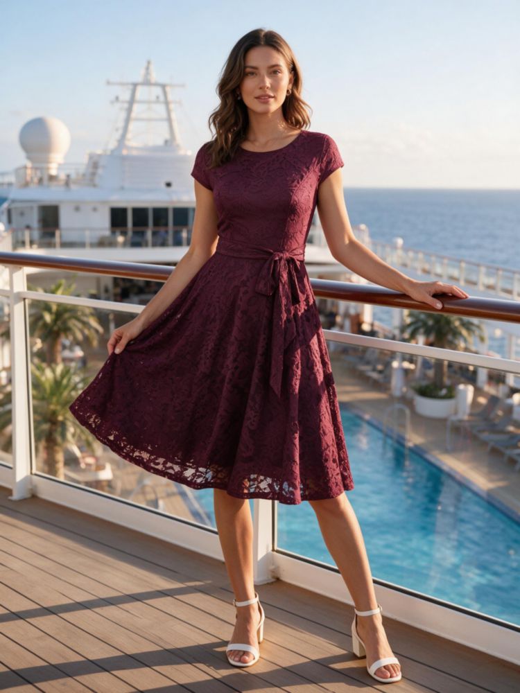 Vestido MUADRESS Burdeos con Encaje Manga Tipo Cap y Largo a la Rodilla