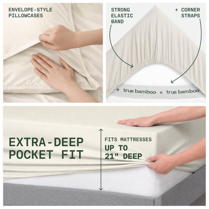 Juego de sábanas TRUE BAMBOO para cama queen bolsillo profundo 21 cm color beige