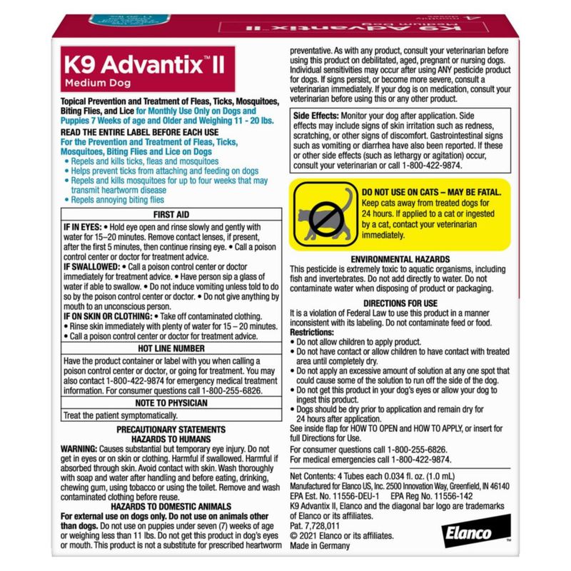 Tratamiento contra pulgas garrapatas y mosquitos K9 Advantix II para perros medianos