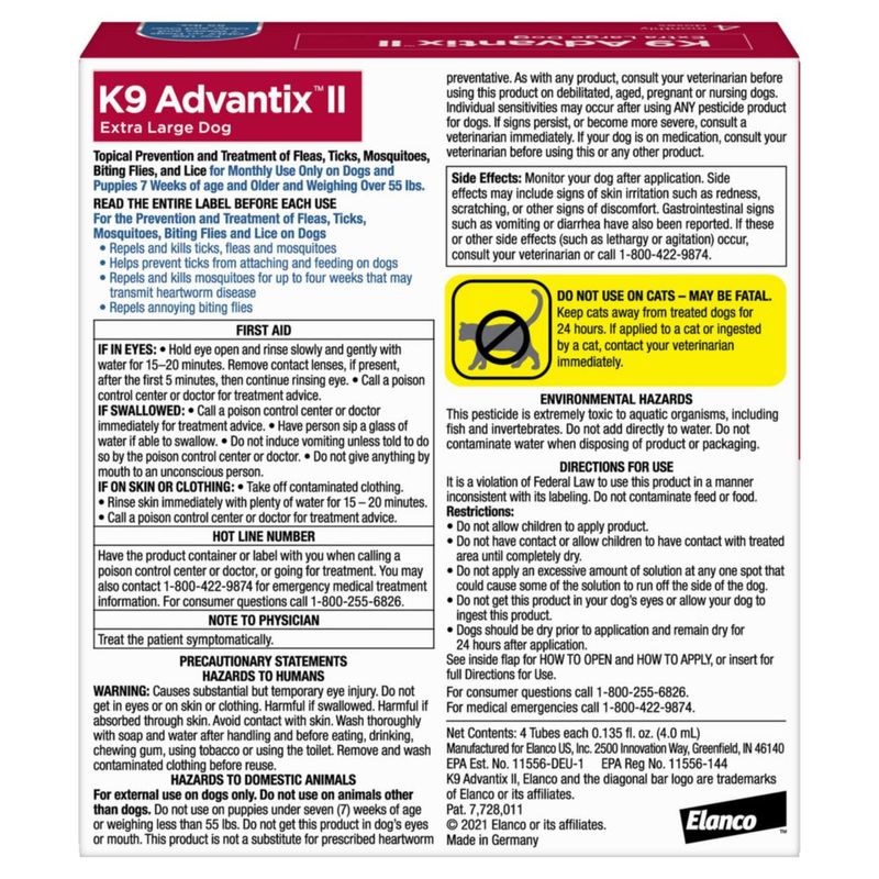 Tratamiento antipulgas garrapatas y mosquitos K9 Advantix II XL para perros 25 kg