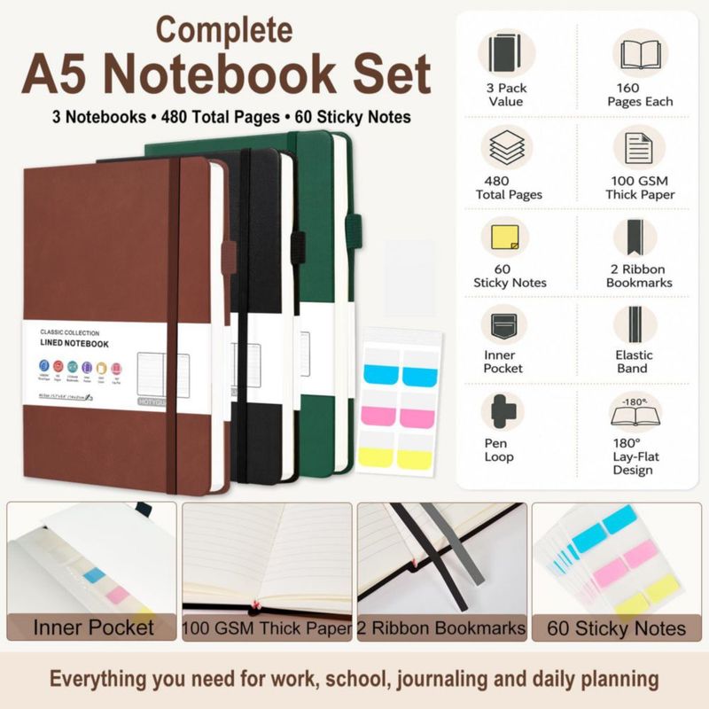 Juego de 3 cuadernos A5 HOTYGUAL 160 págs. rayado 100 GSM