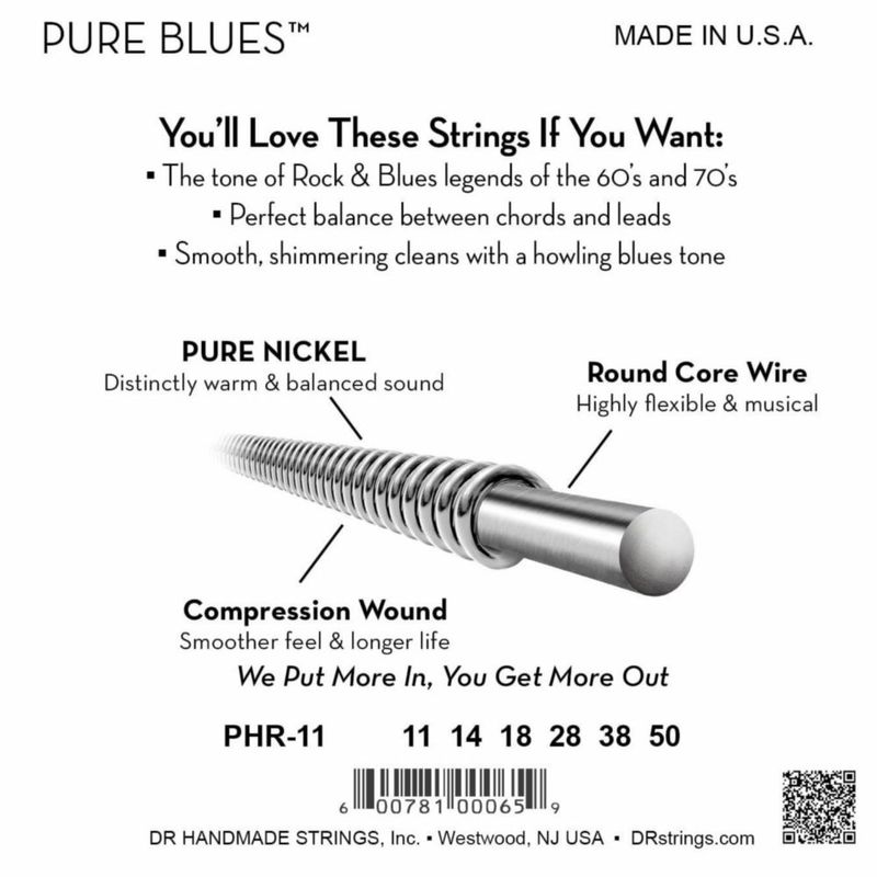 Cuerdas DR Strings PURE BLUES Níquel Puro 11-50 – Pack de 6