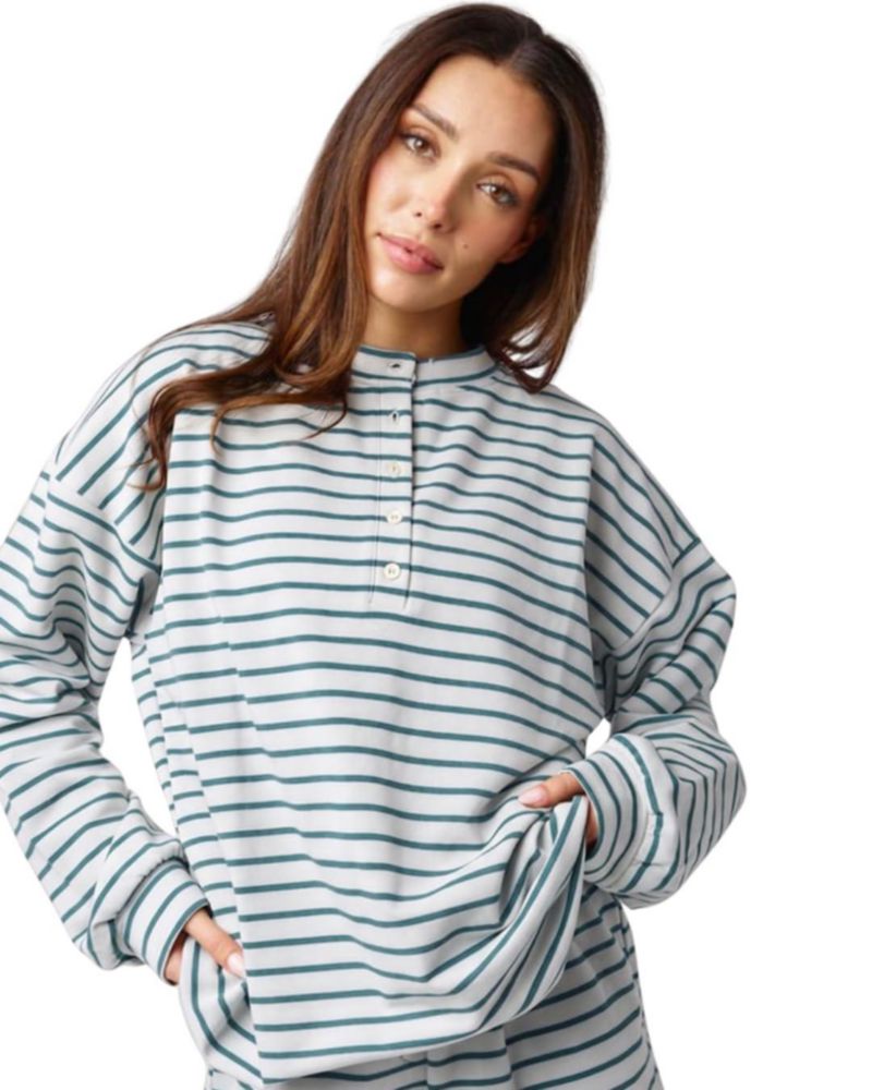 Camiseta Almere Henley Oversize de Algodón Manga Larga con Rayas Costeras