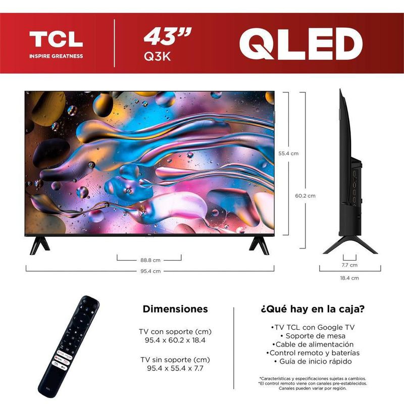 Pantalla QLED TCL 43 Pulgadas 4K Smart 43Q3K