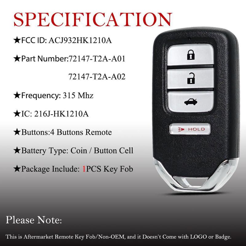 Control remoto MechanMagic para Honda Accord/Civic ACJ932HK1210A