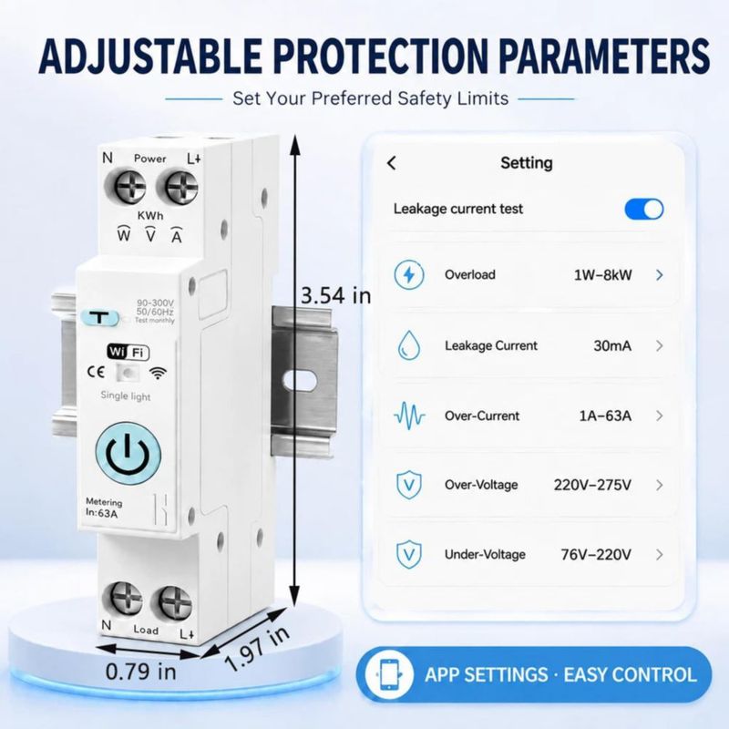 Interruptor WiFi aeliussine 63A 90-300V con protección contra fugas