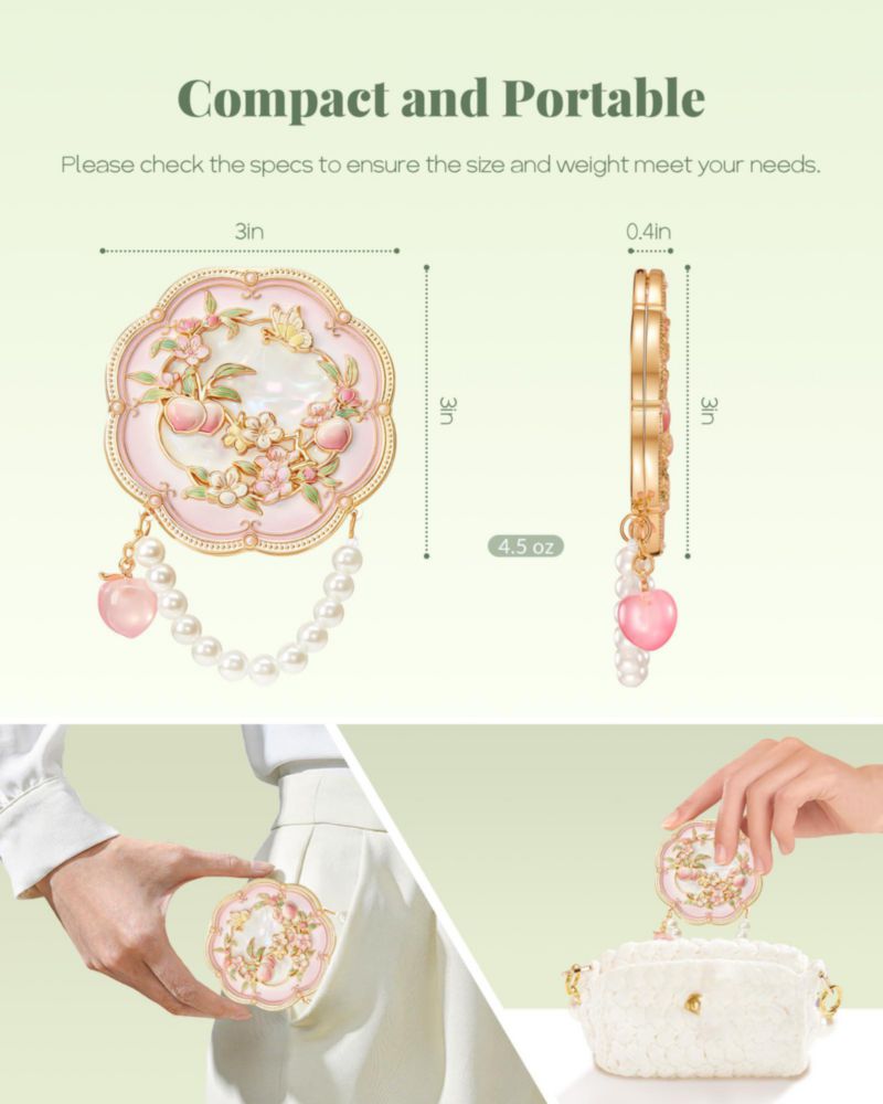 Espejo de bolsillo Imperblooms 8 cm Cadena de perlas rosa – Regalo